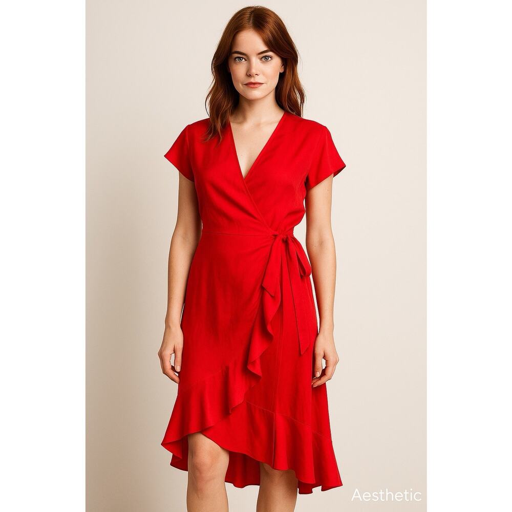 Coldwater Creek 100% Red Ruffle Silk Wrap Dress US 10